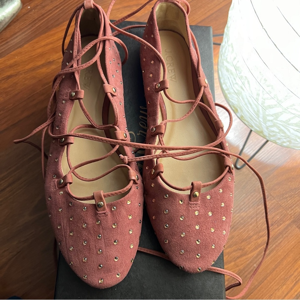 Jcrew studded suede lace-up ballerina flats 7